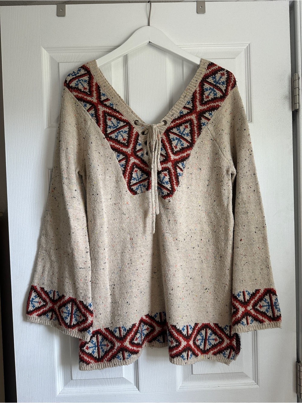 Mystree Cream V-Neck Sweater with Brown, Orange & Blue Geometric Trim